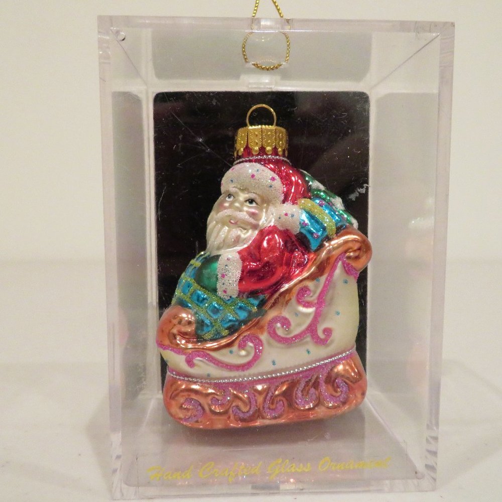 Christmas Santa Glass Ornament 3in Handcrafted Gift Box Keepsake